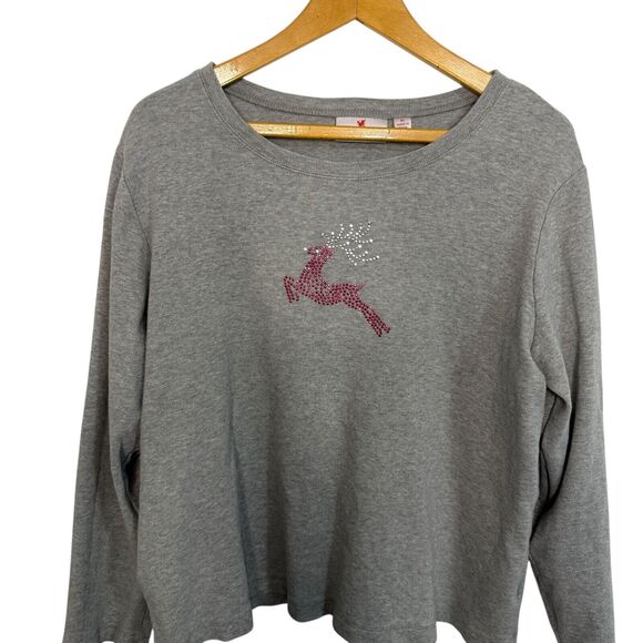Quacker Factory Heather Grey‎ w/ Rhinestone Reindeer Long Sleeve T-Shirt Size XL - Picture 1 of 8